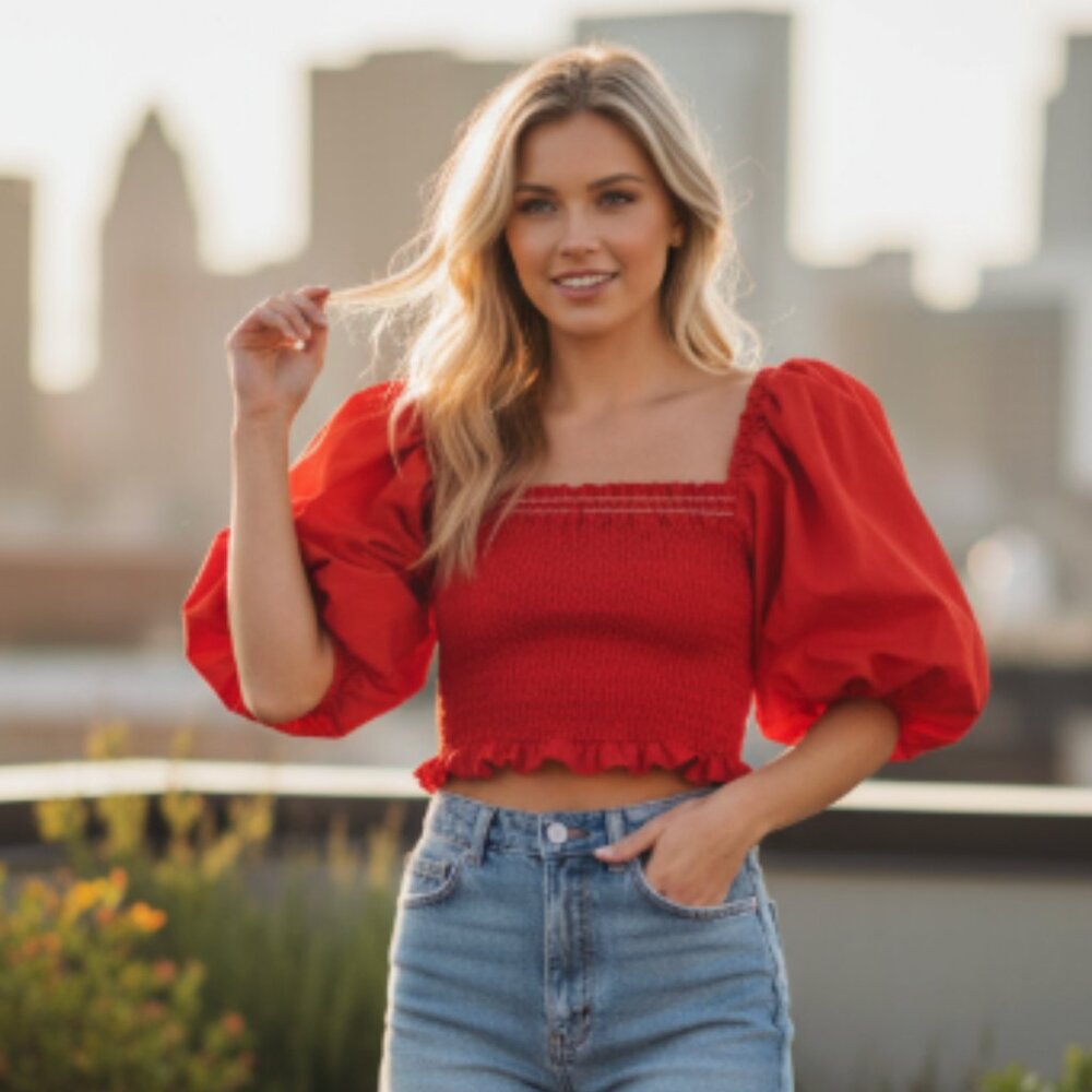 NWT ZARA PUFF SLEEVE CROP TOP RED BLOGGERS FAV SMOCKED